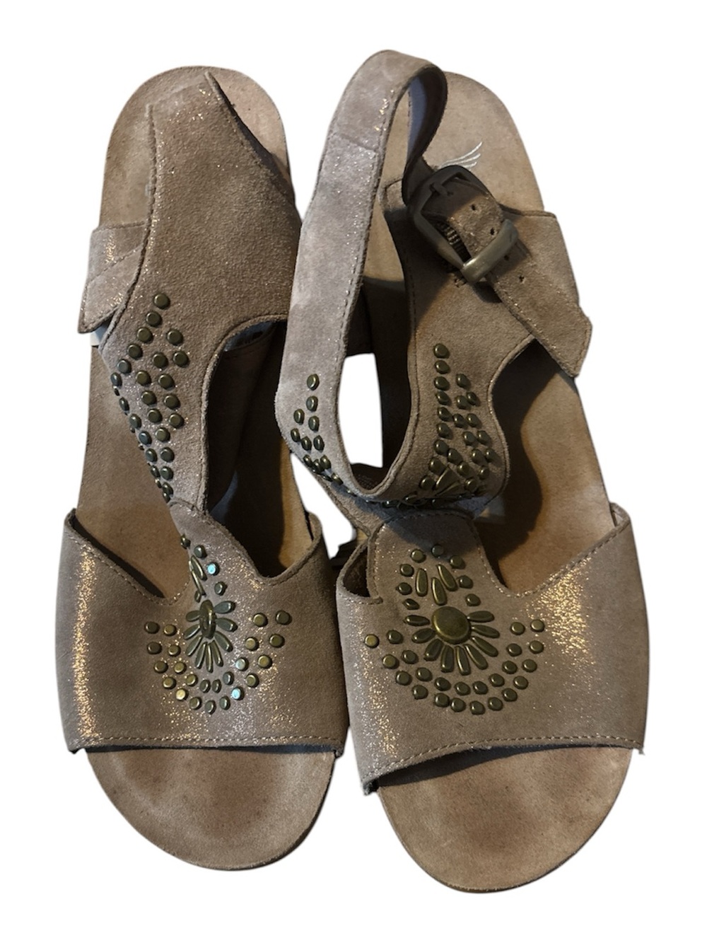 Dansko Taupe Suede Open-Toe Slingback Sandals with Stud Embellishment